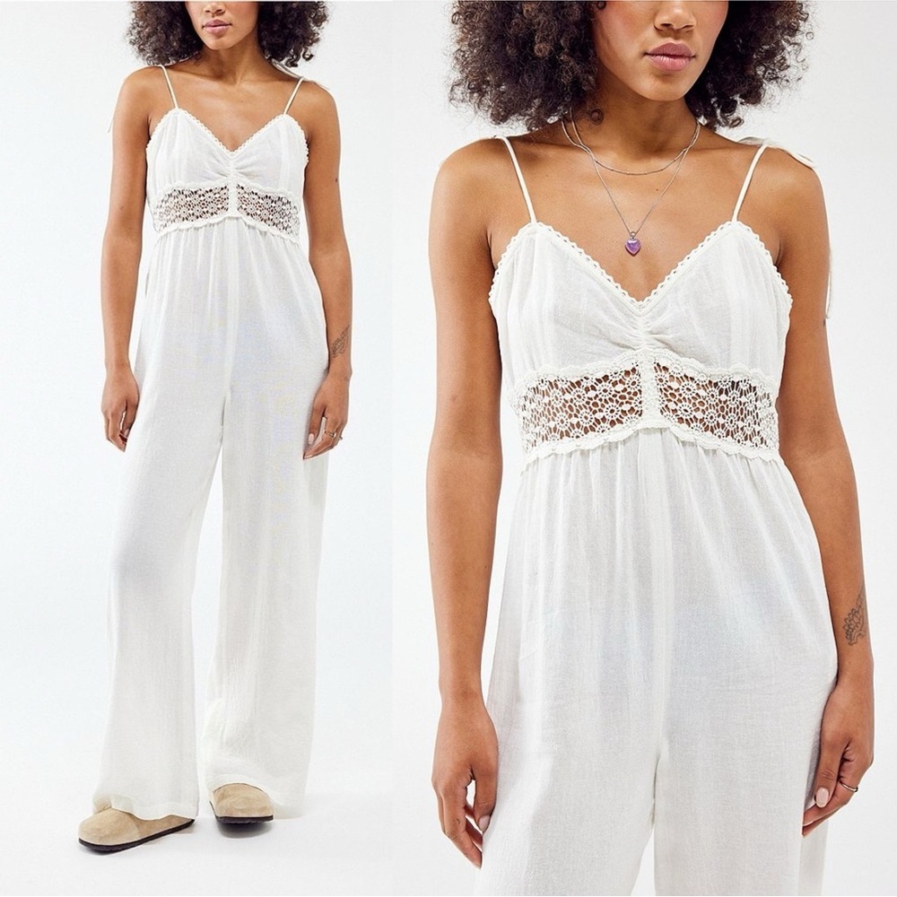 BDG Urban Outfitters Tilly Lace Inset Crochet Boho Gauze Jumpsuit